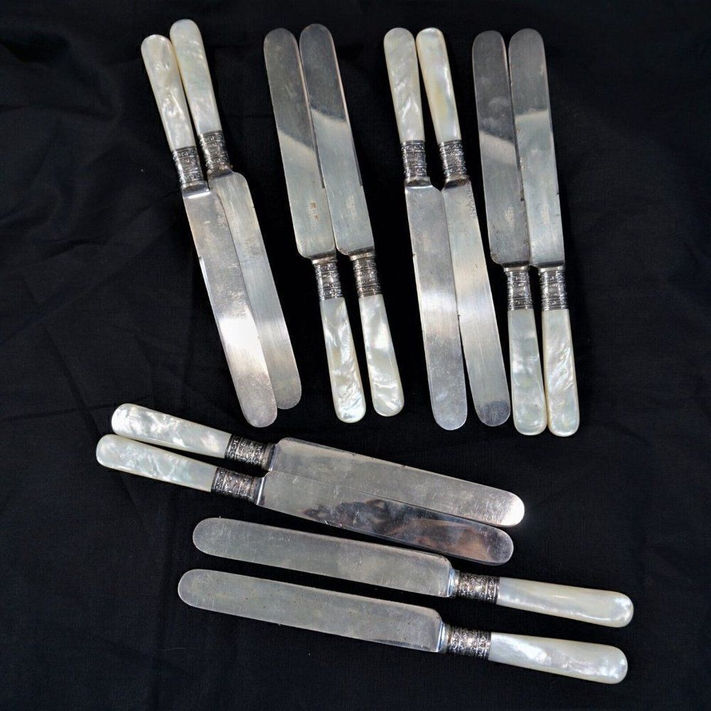 Antique Meriden Cutlery Mother-of-Pearl Sterling Silver Ferrules 12 Blunt Knives